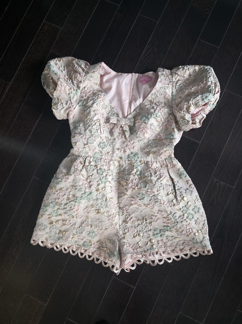 Dolls Kill Sugar Thrillz Light Pink Jacquard Floral Romper - Picture 2 of 8